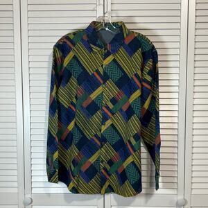 NWOT FSTreasurer Retro Boho Streetwear Denim Geometric Patchwork Men Shirt XL